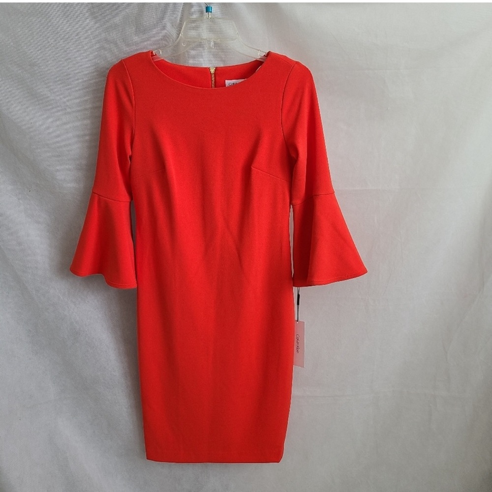 Calvin Klein Women’s 3/4 Bell Sleeve Boat Neck Sheath Dress Sz 4 - Picture 2 of 4